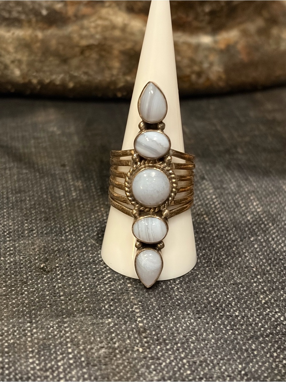5 Stone Blue Lace Agate Statement Ring on .925 Sterling Silver - SIZE 8